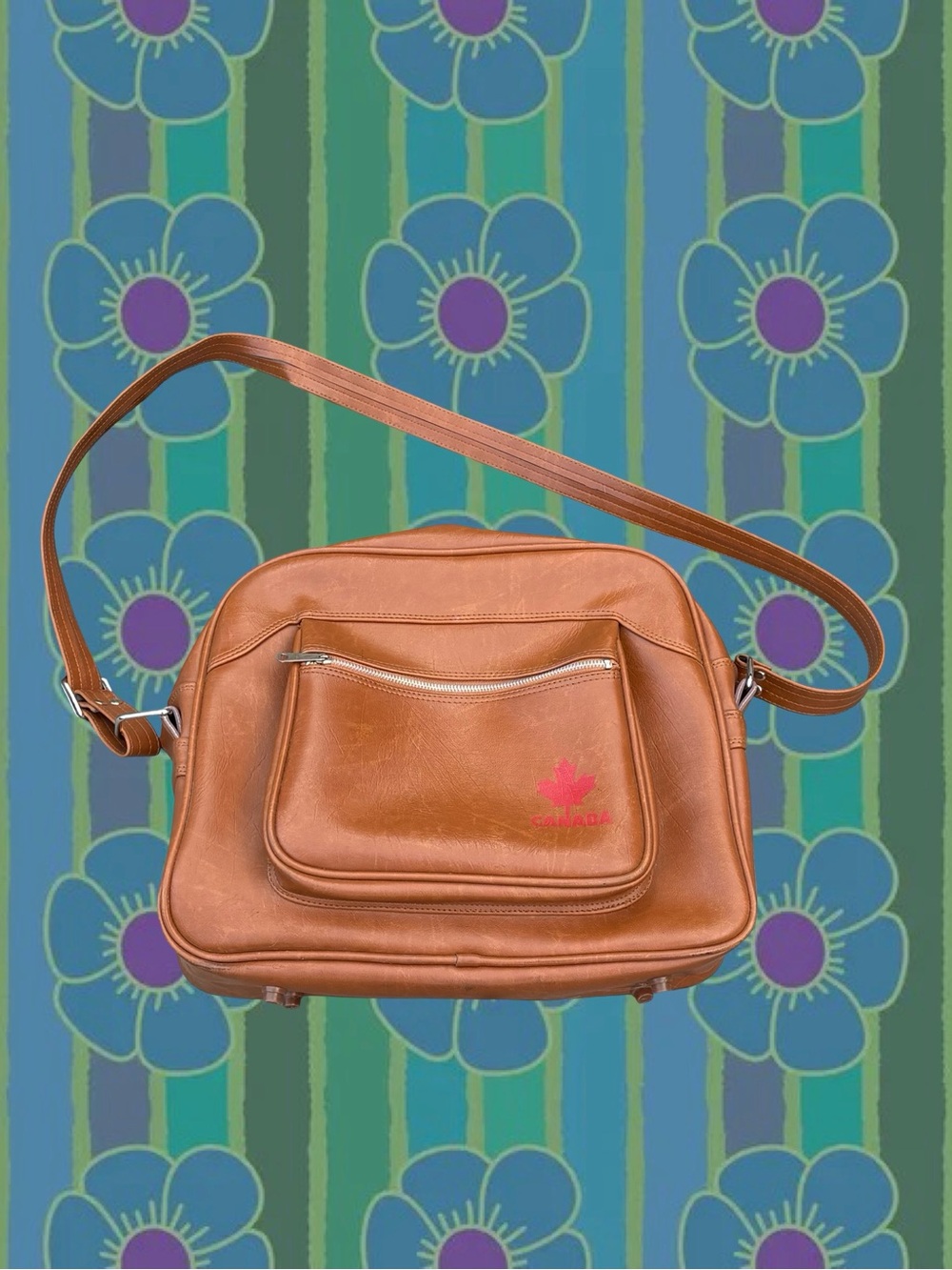 Vintage 60s Vinyl Crossbody Bag in Brown With “Canada” Logo
